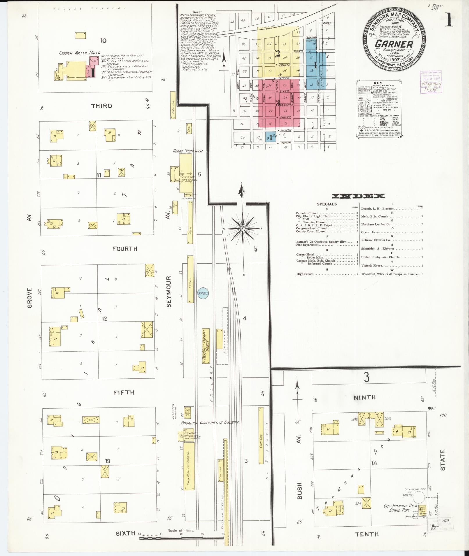 Sanborn Fire Insurance Map from Garner, Hancock County, Iowa (1907), Sheet #0001 - Historic Sanborn Fire Insurance Map Print, vintage old map wall art