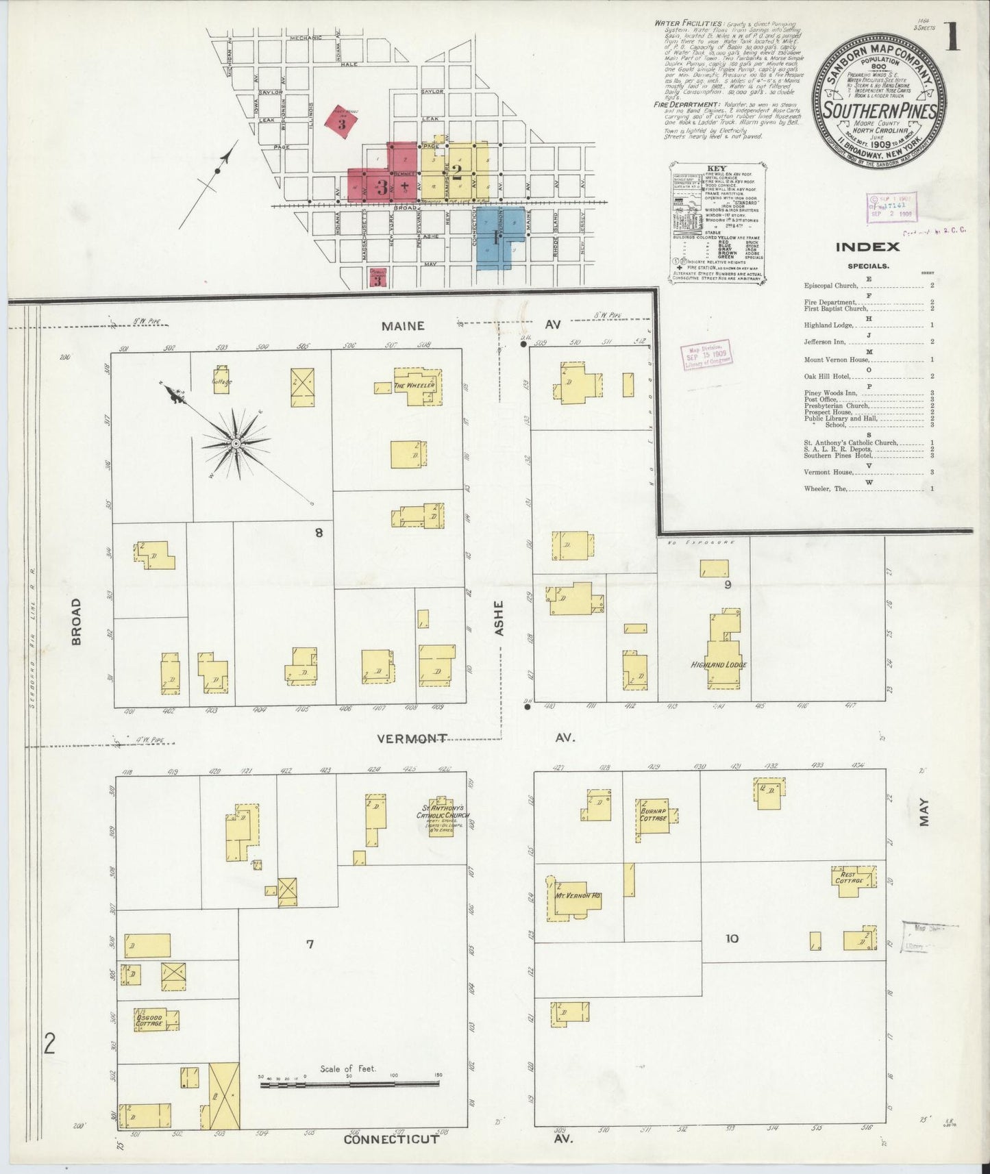 Sanborn Fire Insurance Map from Southern Pines, Moore County, North Carolina (1909), Sheet #0001 - Complete Map Set gallery image, historic Sanborn map, vintage wall art, North Carolina North Carolina