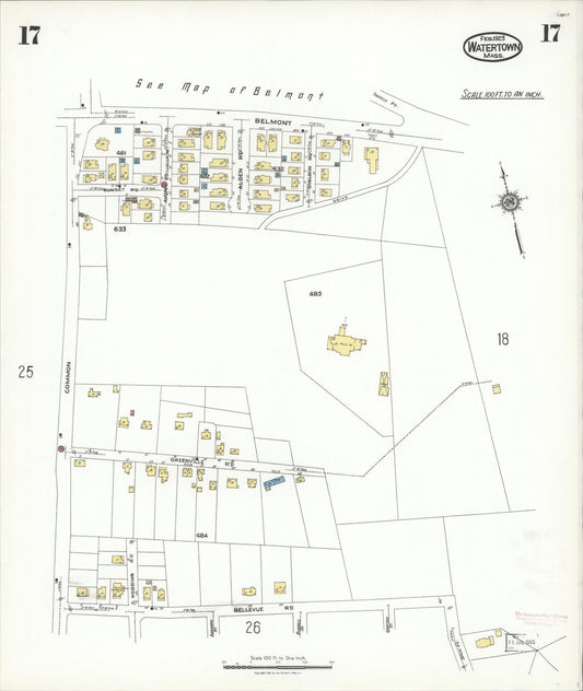Sanborn Fire Insurance Map from Watertown, Middlesex County, Massachusetts (1923), Sheet #0017 - Historic Sanborn Fire Insurance Map Print, vintage old map wall art, antique decor, genealogy gift, Massachusetts Massachusetts map