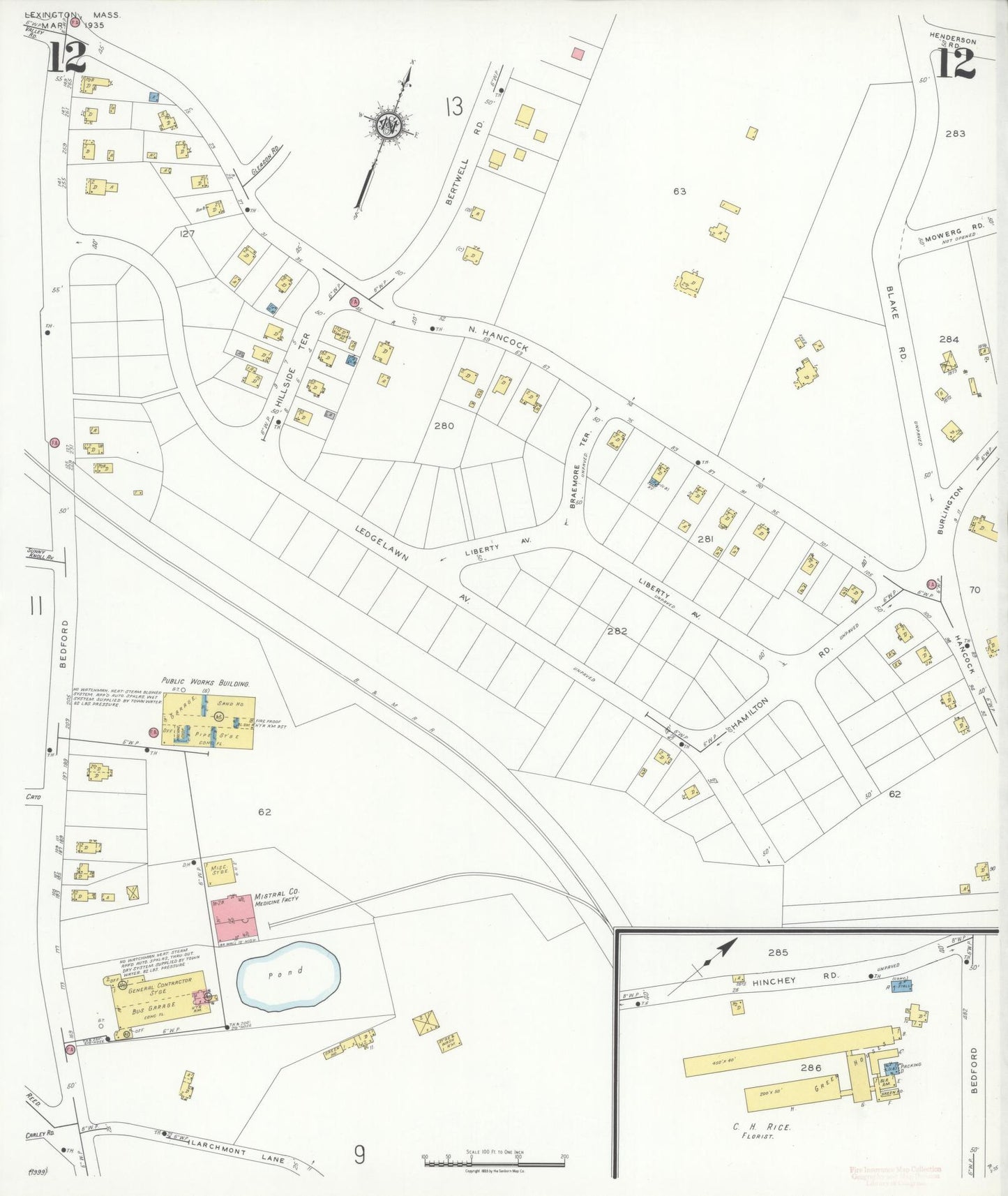 Sanborn Fire Insurance Map from Lexington, Middlesex County, Massachusetts (1935), Sheet #0012 - Complete Map Set gallery image, historic Sanborn map, vintage wall art, Massachusetts Massachusetts