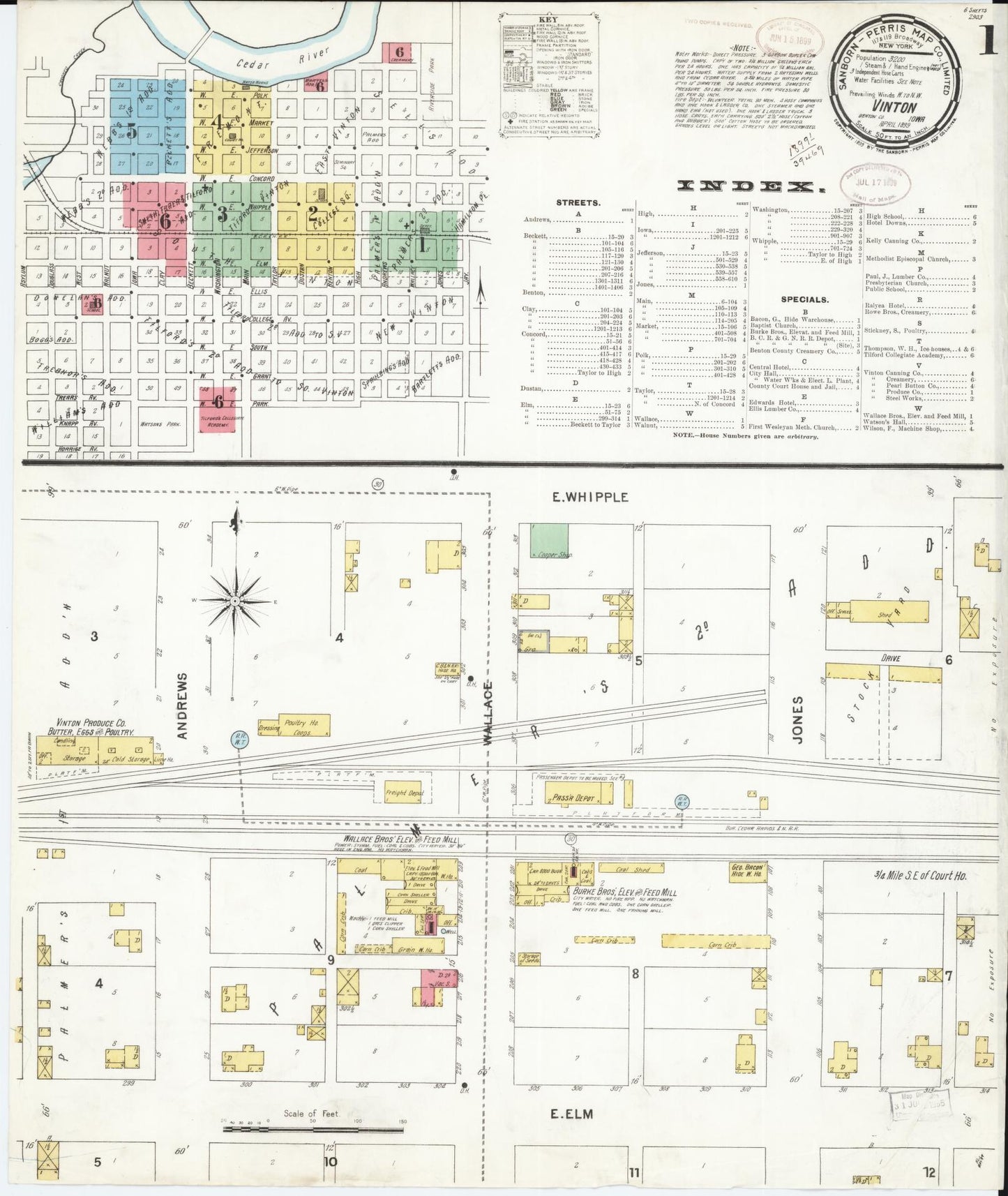 Sanborn Fire Insurance Map from Vinton, Benton County, Iowa (1899), Sheet #0001 - Historic Sanborn Fire Insurance Map Print, vintage old map wall art
