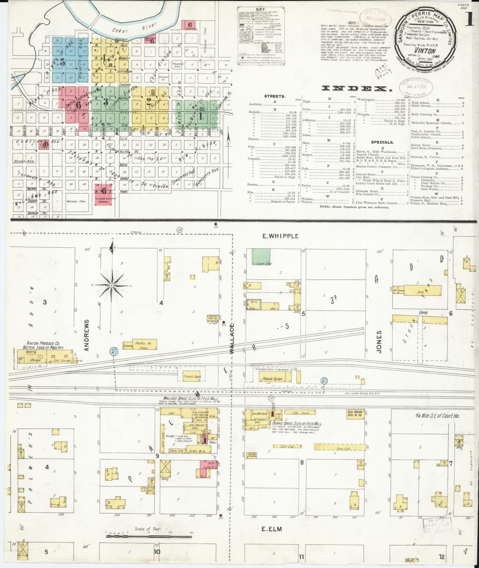 Sanborn Fire Insurance Map from Vinton, Benton County, Iowa (1899), Sheet #0001 - Historic Sanborn Fire Insurance Map Print, vintage old map wall art