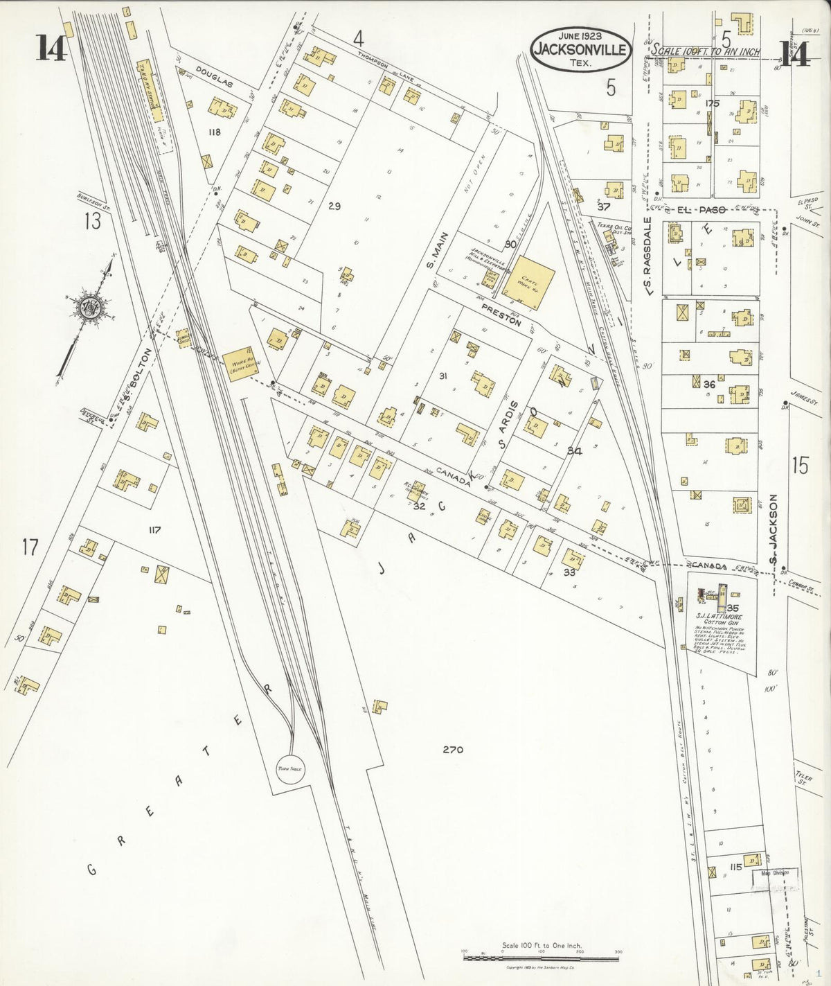 Sanborn Fire Insurance Map from Jacksonville, Cherokee County, Texas (1923), Sheet #0014 - Complete Map Set gallery image, historic Sanborn map, vintage wall art, Texas Texas