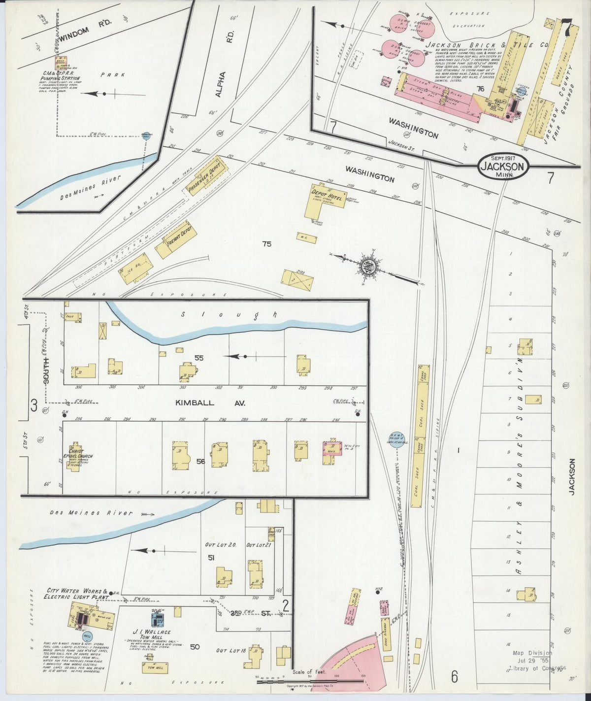 Sanborn Fire Insurance Map from Jackson, Jackson County, Minnesota (1917), Sheet #0007 - Complete Map Set gallery image, historic Sanborn map, vintage wall art, Minnesota Minnesota