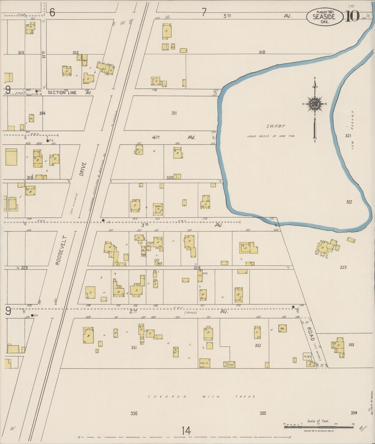 Sanborn Fire Insurance Map from Seaside, Clatsop County, Oregon (1921), Sheet #0010 - Historic Sanborn Fire Insurance Map Print, vintage old map wall art, antique decor, genealogy gift, Oregon Oregon map