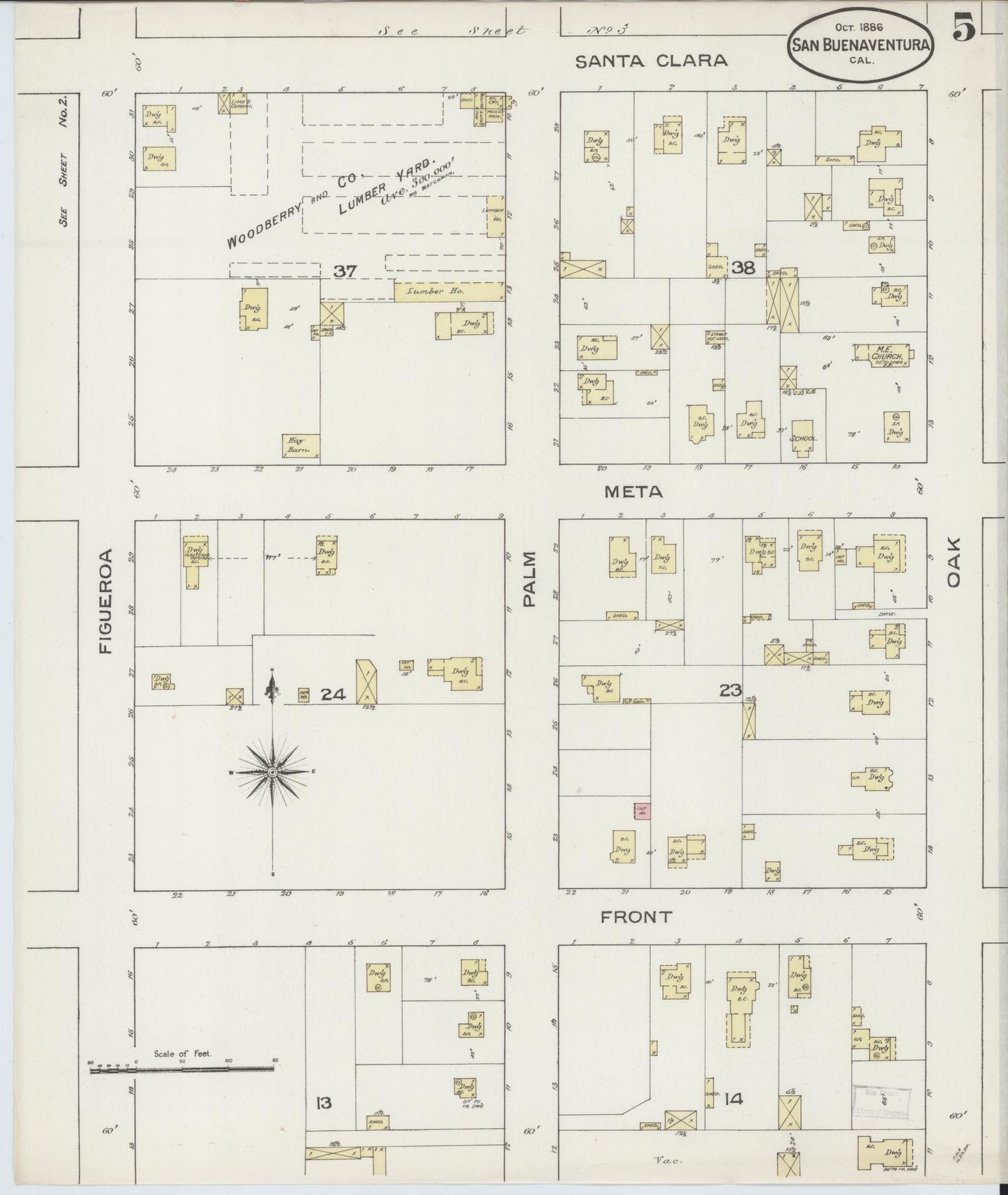 Sanborn Fire Insurance Map from San Buenaventura, Ventura County, California (1886), Sheet #0005 - Complete Map Set gallery image, historic Sanborn map, vintage wall art, California California