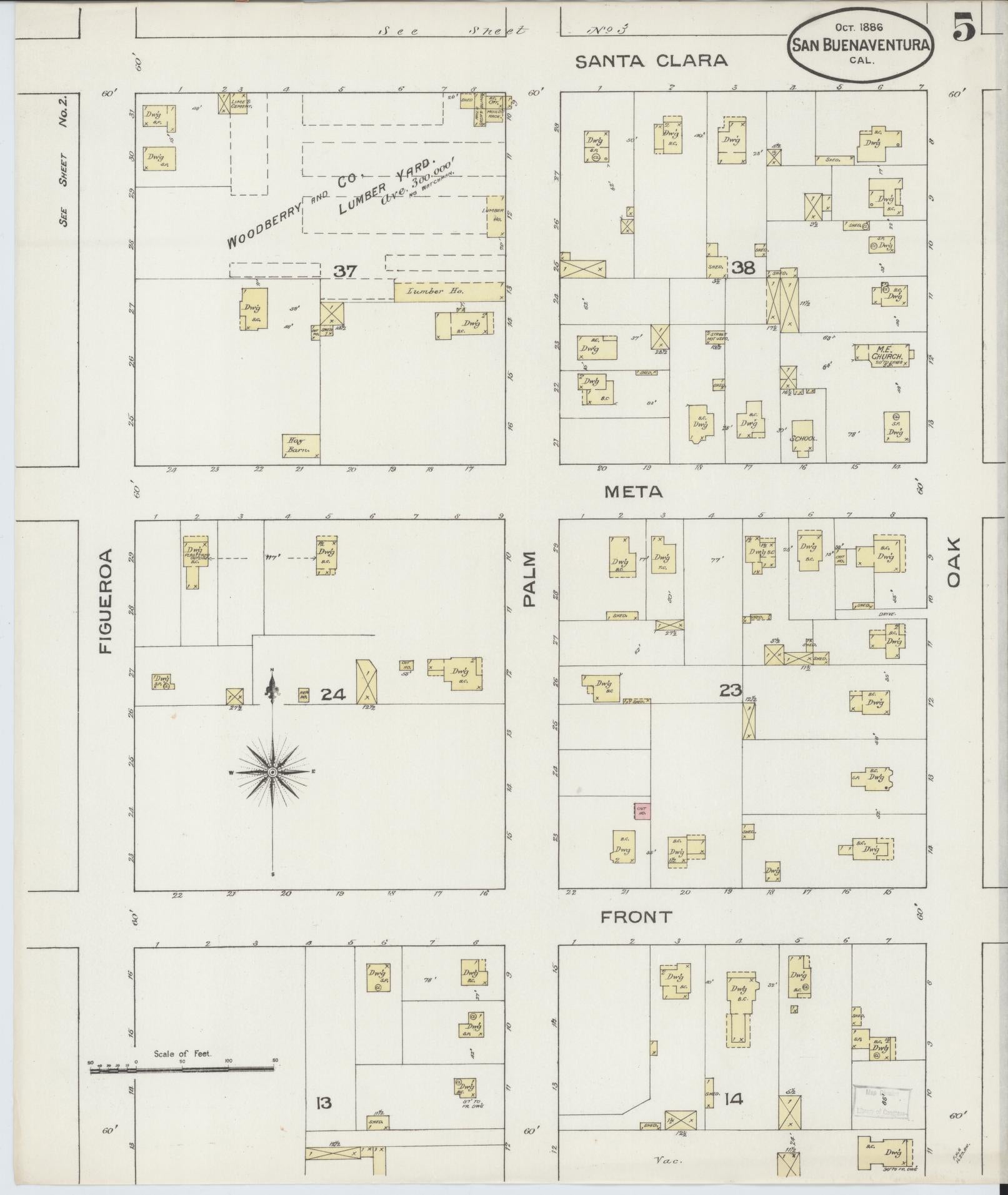 Sanborn Fire Insurance Map from San Buenaventura, Ventura County, California (1886), Sheet #0005 - Complete Map Set gallery image, historic Sanborn map, vintage wall art, California California