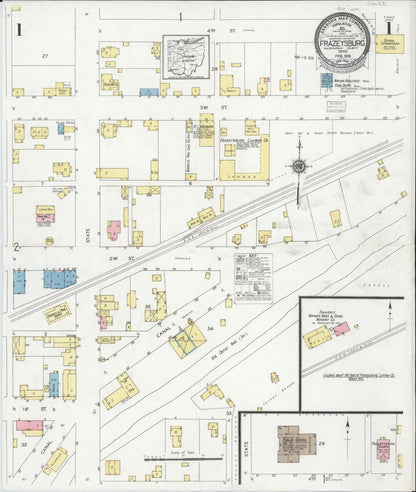 Sanborn Fire Insurance Map from Frazeysburg, Muskingum County, Ohio (1928), Sheet #0001 - Complete Map Set gallery image, historic Sanborn map, vintage wall art, Ohio Ohio