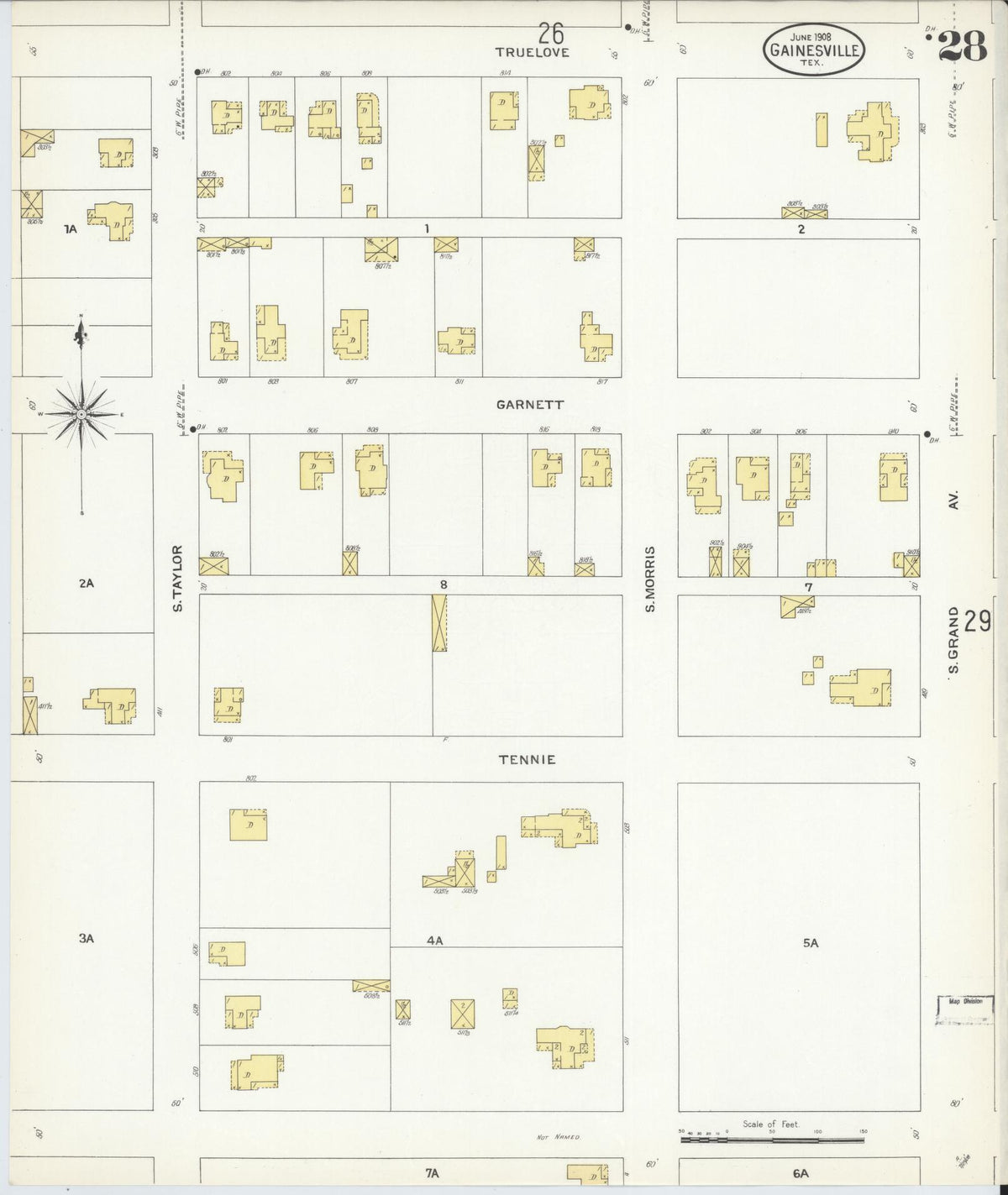 Sanborn Fire Insurance Map from Gainesville, Cooke County, Texas (1908), Sheet #0028 - Historic Sanborn Fire Insurance Map Print, vintage old map wall art, antique decor, genealogy gift, Texas Texas map
