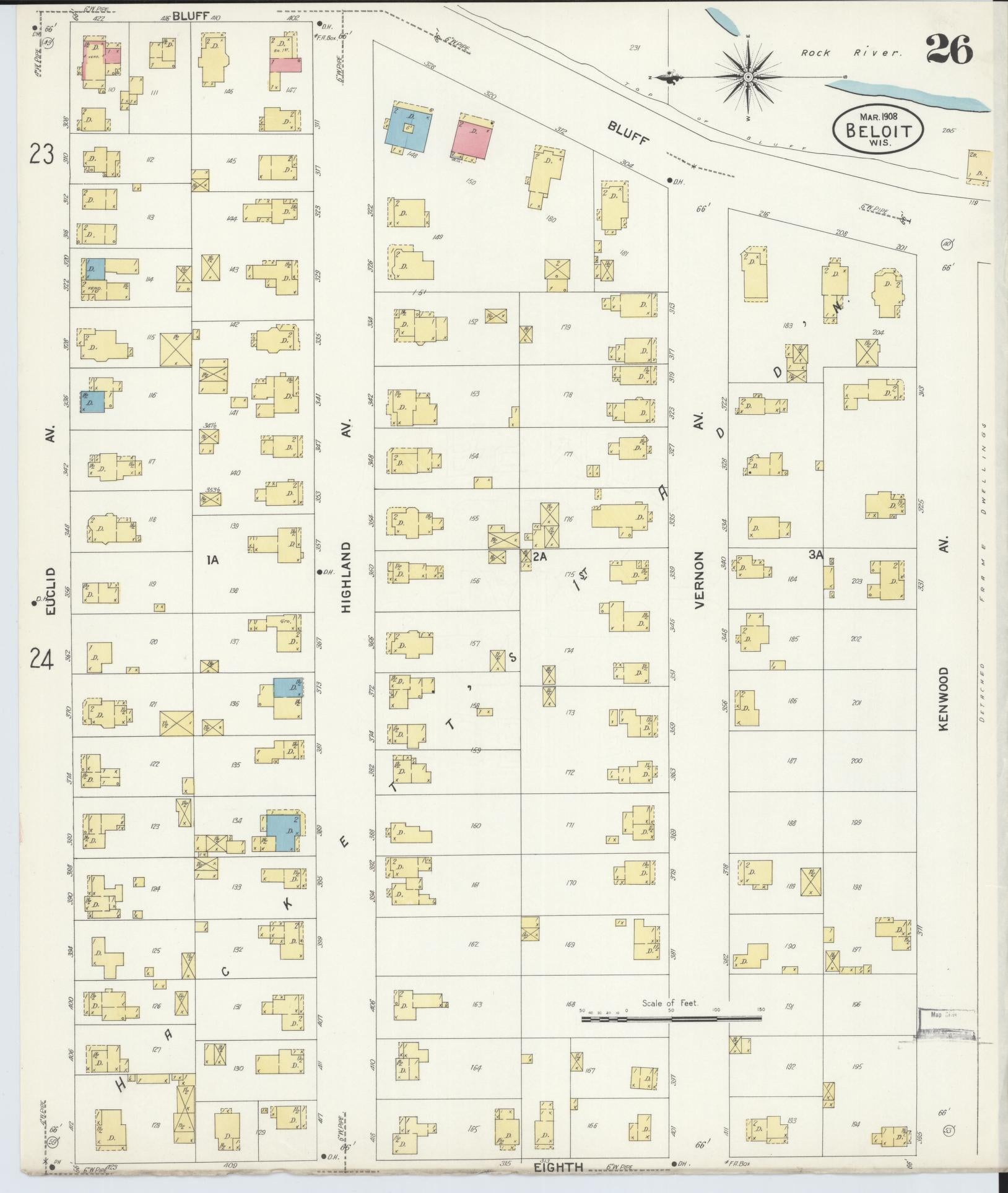 Sanborn Fire Insurance Map from Beloit, Rock County, Wisconsin (1908), Sheet #0026 - Historic Sanborn Fire Insurance Map Print, vintage old map wall art, antique decor, genealogy gift, Wisconsin Wisconsin map
