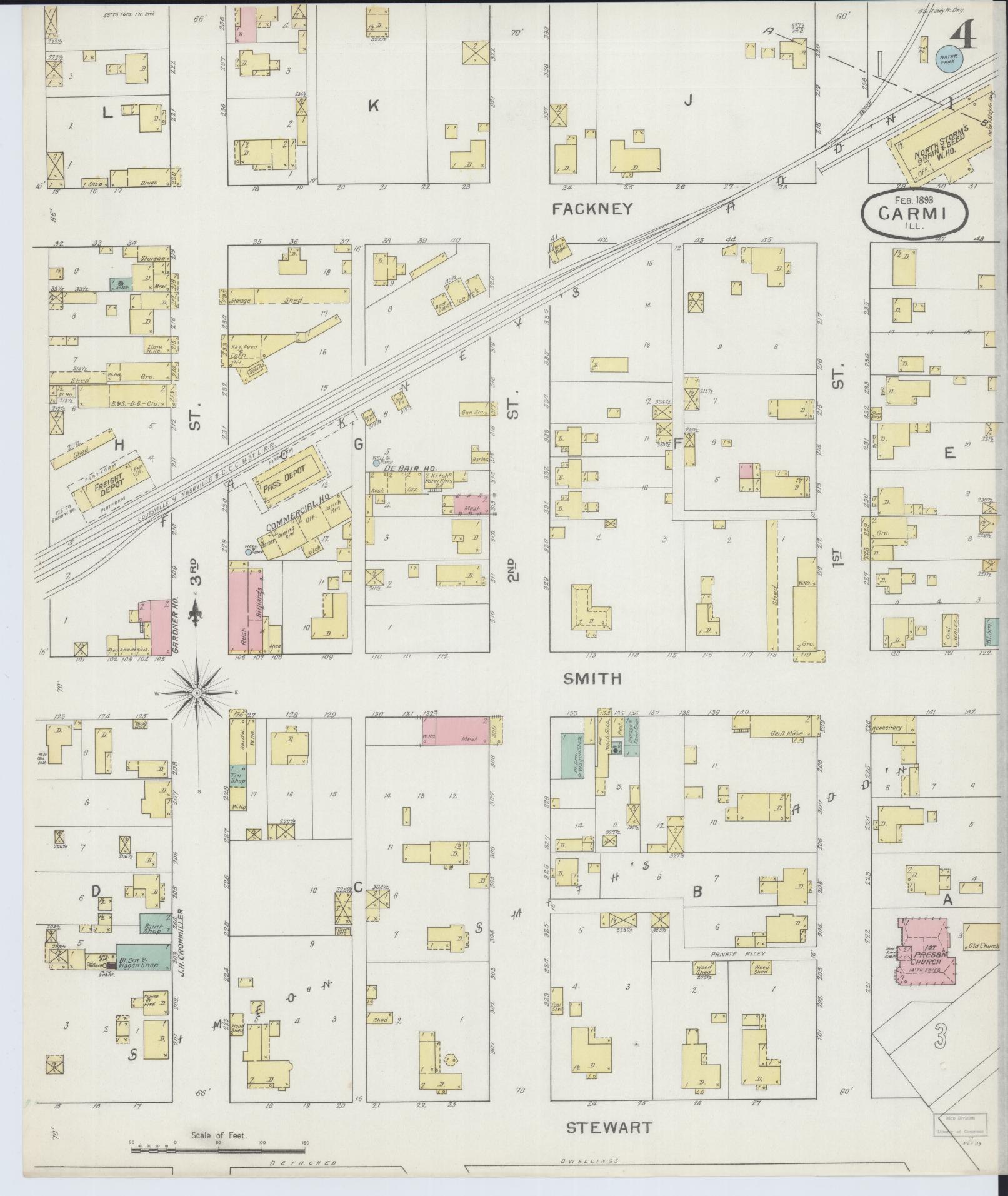 Sanborn Fire Insurance Map from Carmi, White County, Illinois (1893), Sheet #0004 - Complete Map Set gallery image, historic Sanborn map, vintage wall art, Illinois Illinois