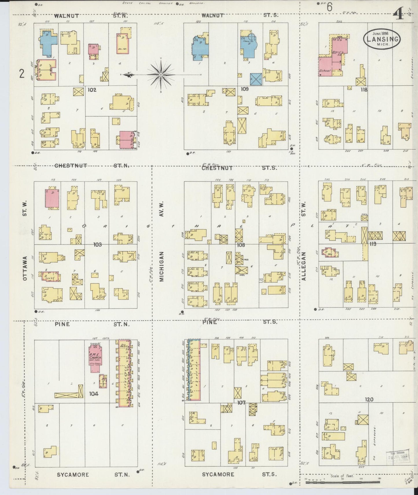 Sanborn Fire Insurance Map from Lansing, Ingham County, Michigan (1898), Sheet #0004 - Complete Map Set gallery image, historic Sanborn map, vintage wall art, Michigan Michigan
