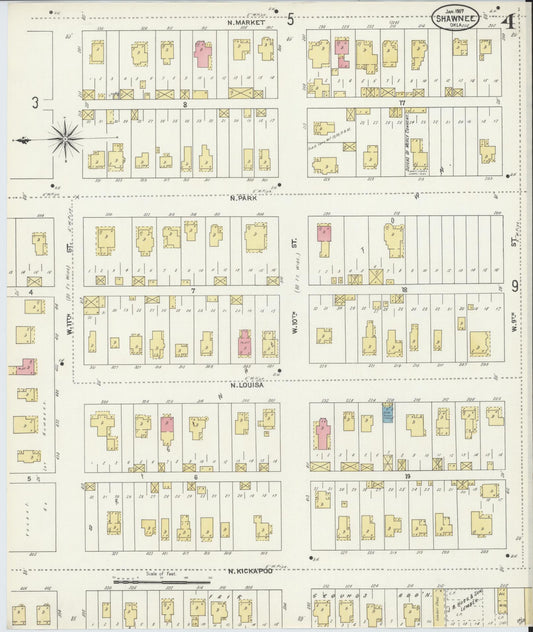 Sanborn Fire Insurance Map from Shawnee, Pottawatomie County, Oklahoma (1907), Sheet #0004 - Historic Sanborn Fire Insurance Map Print, vintage old map wall art, antique decor, genealogy gift, Oklahoma Oklahoma map