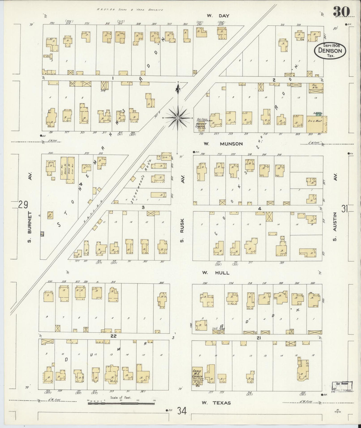 Sanborn Fire Insurance Map from Denison, Grayson County, Texas (1908), Sheet #0030 - Complete Map Set gallery image, historic Sanborn map, vintage wall art, Texas Texas