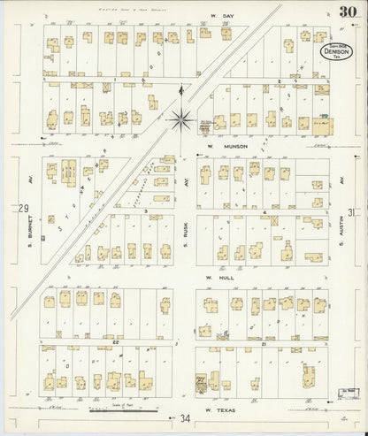 Sanborn Fire Insurance Map from Denison, Grayson County, Texas (1908), Sheet #0030 - Complete Map Set gallery image, historic Sanborn map, vintage wall art, Texas Texas
