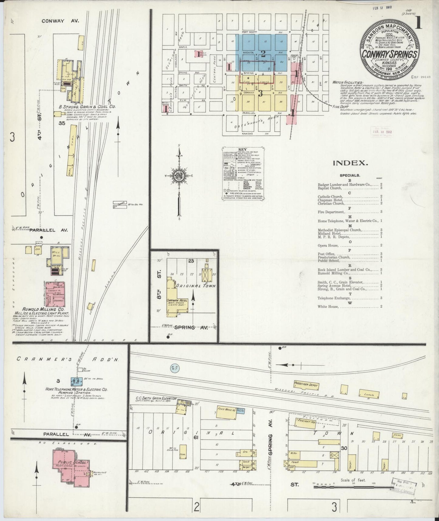 Sanborn Fire Insurance Map from Conway Springs, Summer County, Kansas (1911), Sheet #0001 - Complete Map Set gallery image, historic Sanborn map, vintage wall art, Kansas Kansas