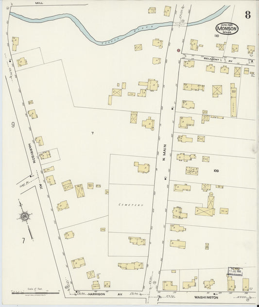 Sanborn Fire Insurance Map from Monson, Hampden County, Massachusetts (1918), Sheet #0008 - Historic Sanborn Fire Insurance Map Print, vintage old map wall art, antique decor, genealogy gift, Massachusetts Massachusetts map
