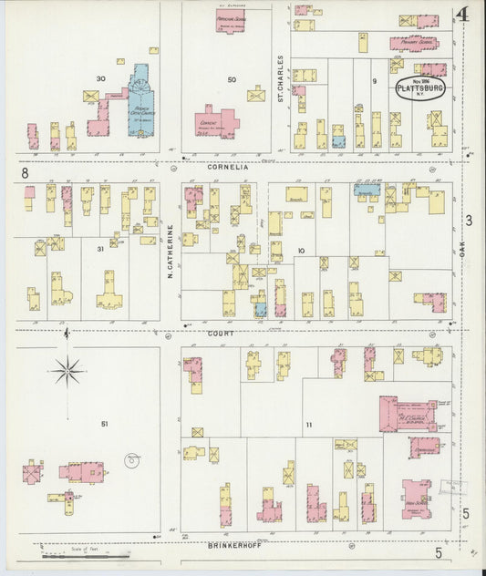 Sanborn Fire Insurance Map from Plattsburg, Clinton County, New York (1896), Sheet #0004 - Historic Sanborn Fire Insurance Map Print, vintage old map wall art, antique decor, genealogy gift, New York New York map
