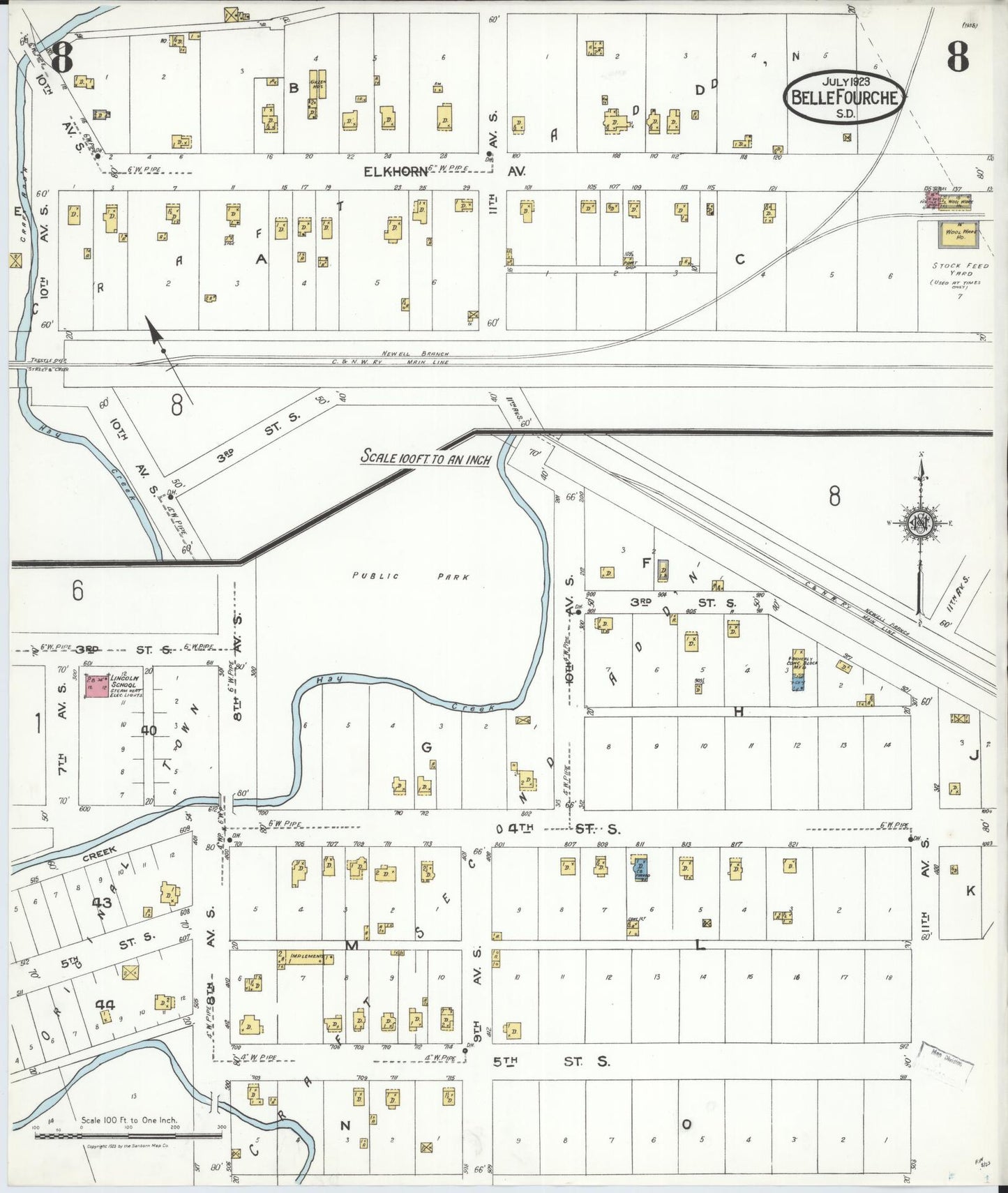 Sanborn Fire Insurance Map from Belle Fourche, Butte County, South Dakota (1923), Sheet #0008 - Historic Sanborn Fire Insurance Map Print, vintage old map wall art, antique decor, genealogy gift, South Dakota South Dakota map