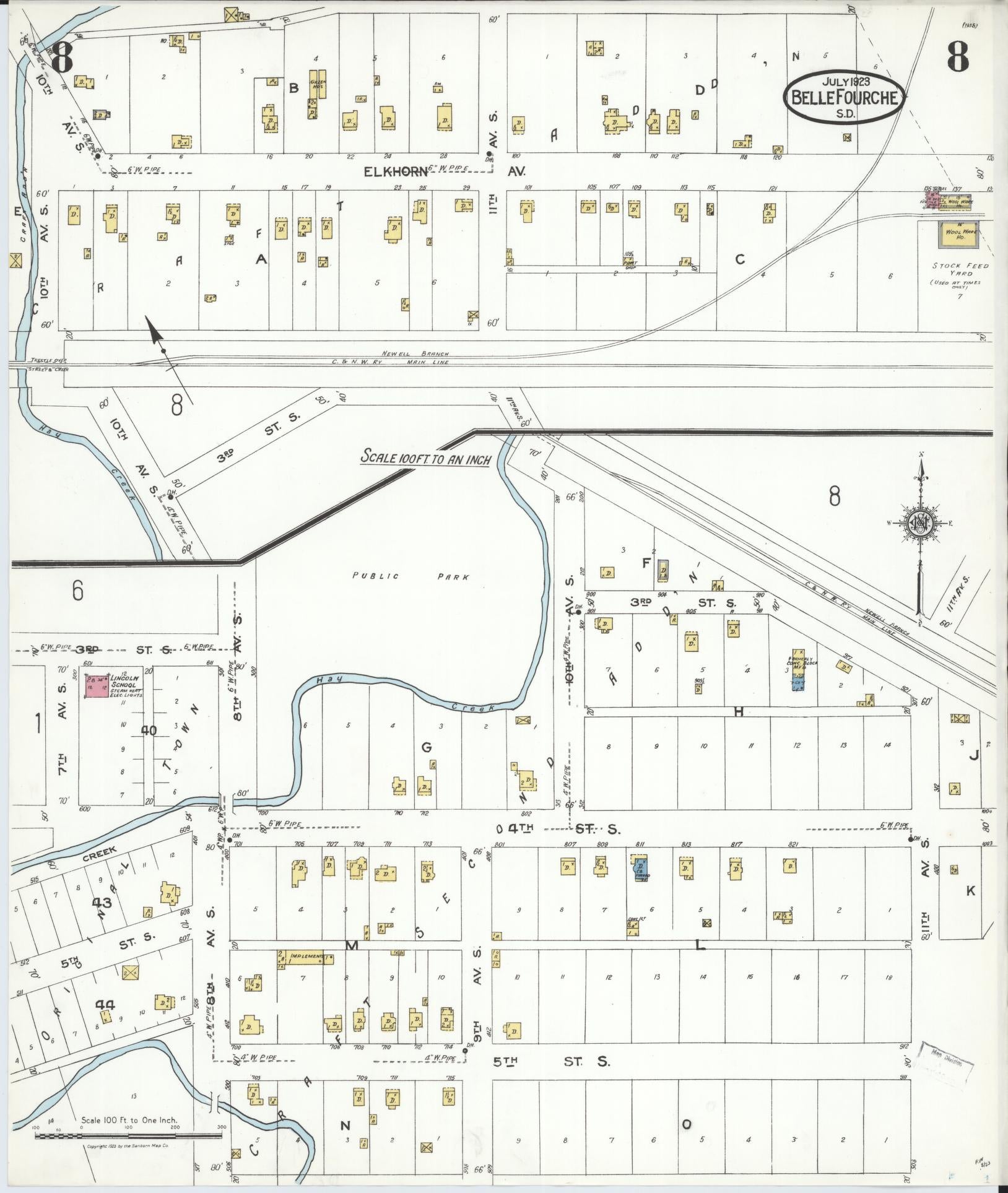 Sanborn Fire Insurance Map from Belle Fourche, Butte County, South Dakota (1923), Sheet #0008 - Historic Sanborn Fire Insurance Map Print, vintage old map wall art, antique decor, genealogy gift, South Dakota South Dakota map