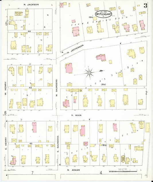 Sanborn Fire Insurance Map from Mount Pleasant, Henry County, Iowa (1909), Sheet #0003 - Historic Sanborn Fire Insurance Map Print, vintage old map wall art