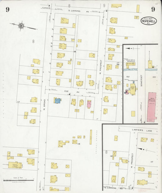 Sanborn Fire Insurance Map from Hopewell, Mercer County, New Jersey (1927), Sheet #0009 - Historic Sanborn Fire Insurance Map Print, vintage old map wall art, antique decor, genealogy gift, New Jersey New Jersey map