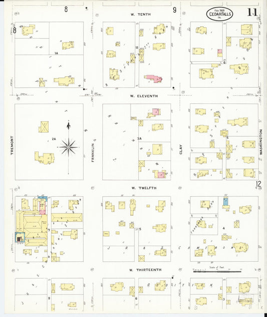 Sanborn Fire Insurance Map from Cedar Falls, Black Hawk County, Iowa (1909), Sheet #0011 - Historic Sanborn Fire Insurance Map Print, vintage old map wall art