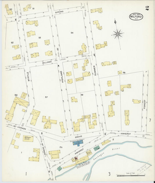 Sanborn Fire Insurance Map from Milford, Hillsborough County, New Hampshire (1907), Sheet #0002 - Historic Sanborn Fire Insurance Map Print, vintage old map wall art, antique decor, genealogy gift, New Hampshire New Hampshire map
