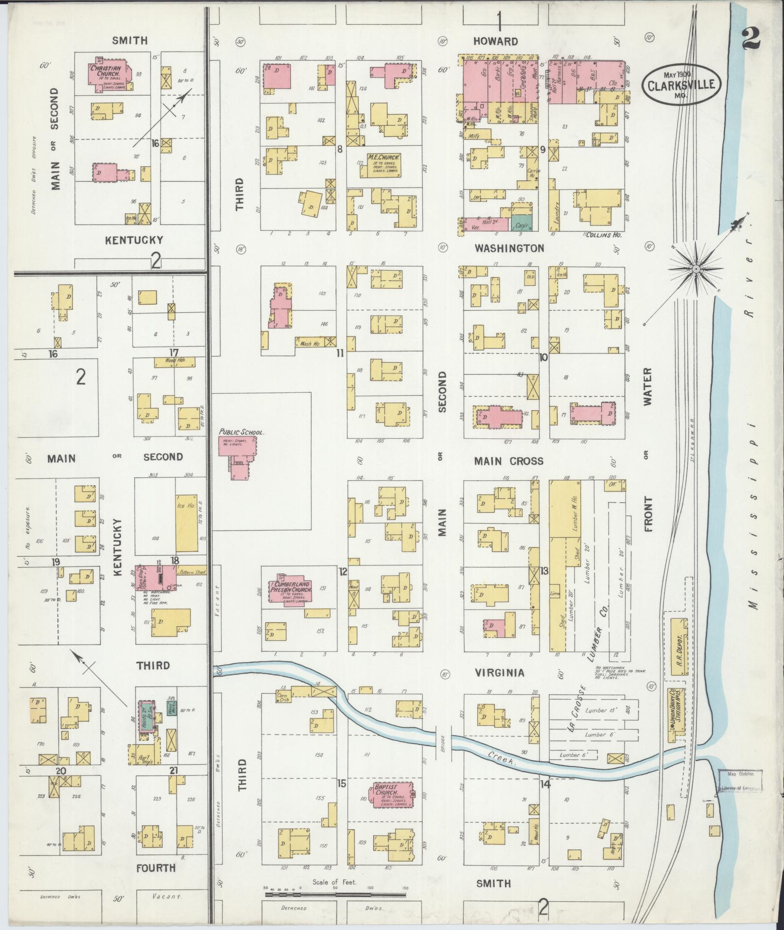 Sanborn Fire Insurance Map from Clarksville, Pike County, Missouri (1900), Sheet #0002 - Historic Sanborn Fire Insurance Map Print, vintage old map wall art, antique decor, genealogy gift, Missouri Missouri map
