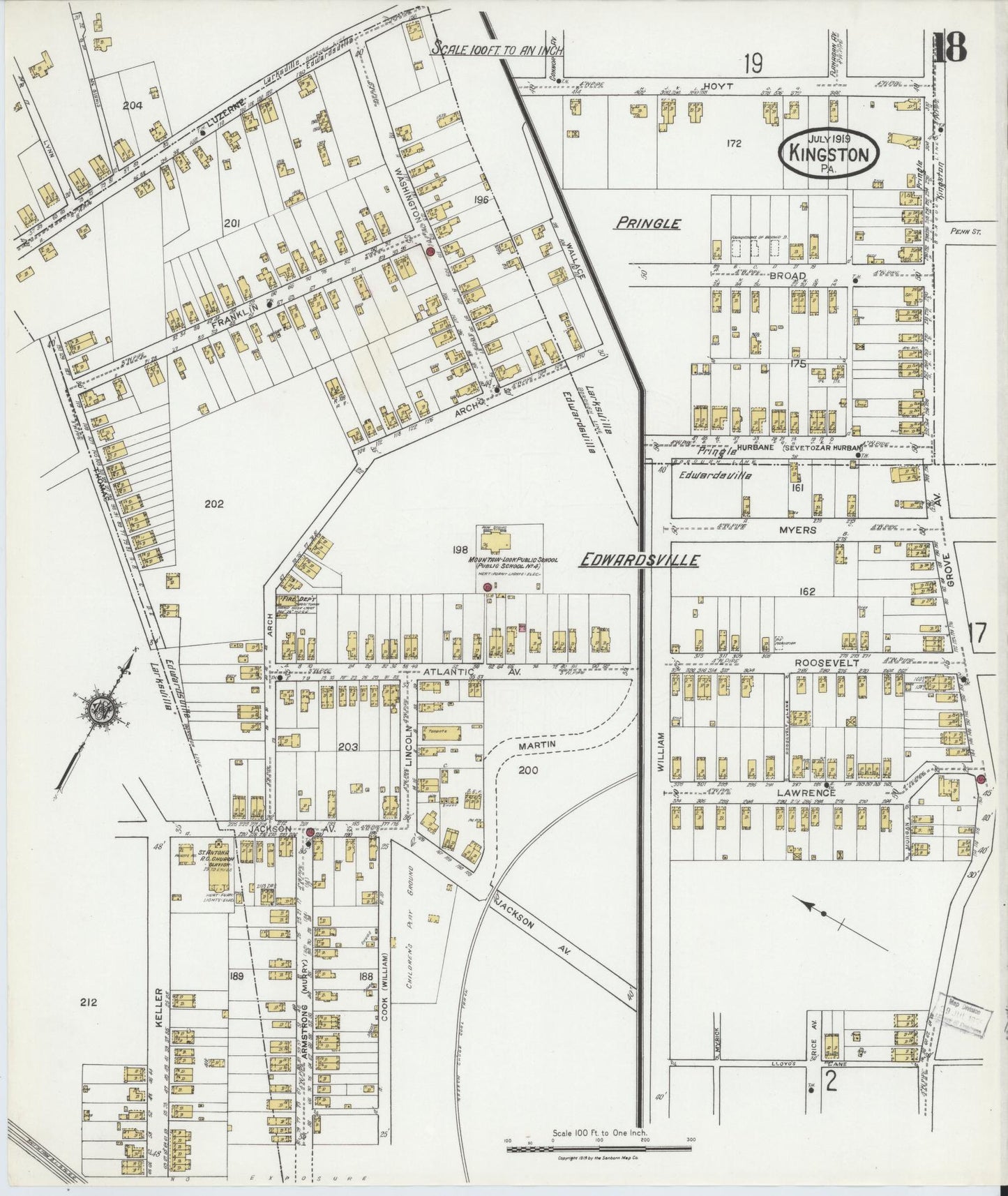 Sanborn Fire Insurance Map from Kingston, Luzerne County, Pennsylvania (1919), Sheet #0018 - Historic Sanborn Fire Insurance Map Print, vintage old map wall art, antique decor, genealogy gift, Pennsylvania Pennsylvania map