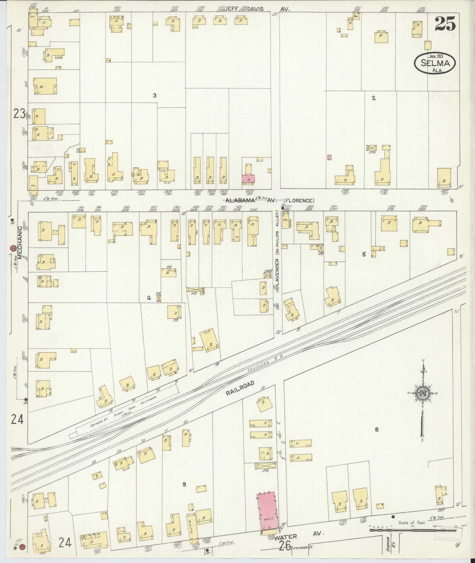 Sanborn Fire Insurance Map from Selma, Dallas County, Alabama (1913), Sheet #0025 - Historic Sanborn Fire Insurance Map Print, vintage old map wall art, antique decor, genealogy gift, Alabama Alabama map