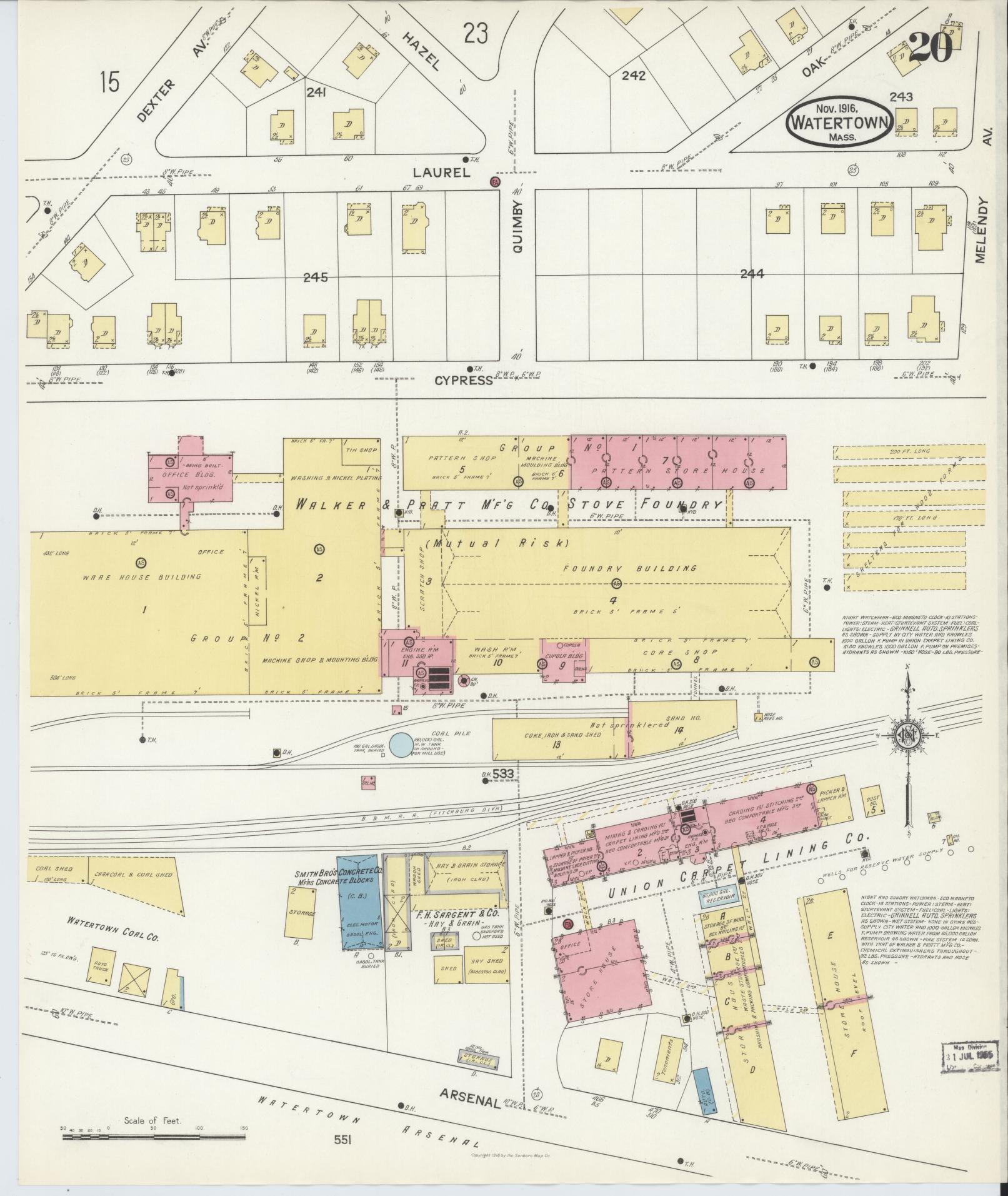Sanborn Fire Insurance Map from Watertown, Middlesex County, Massachusetts (1916), Sheet #0020 - Historic Sanborn Fire Insurance Map Print, vintage old map wall art, antique decor, genealogy gift, Massachusetts Massachusetts map