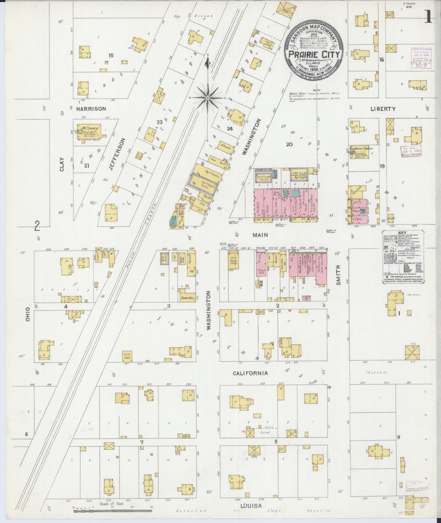 Sanborn Fire Insurance Map from Prairie City, Mcdonough County, Illinois (1906), Sheet #0001 - Historic Sanborn Fire Insurance Map Print, vintage old map wall art, antique decor, genealogy gift, Illinois Illinois map