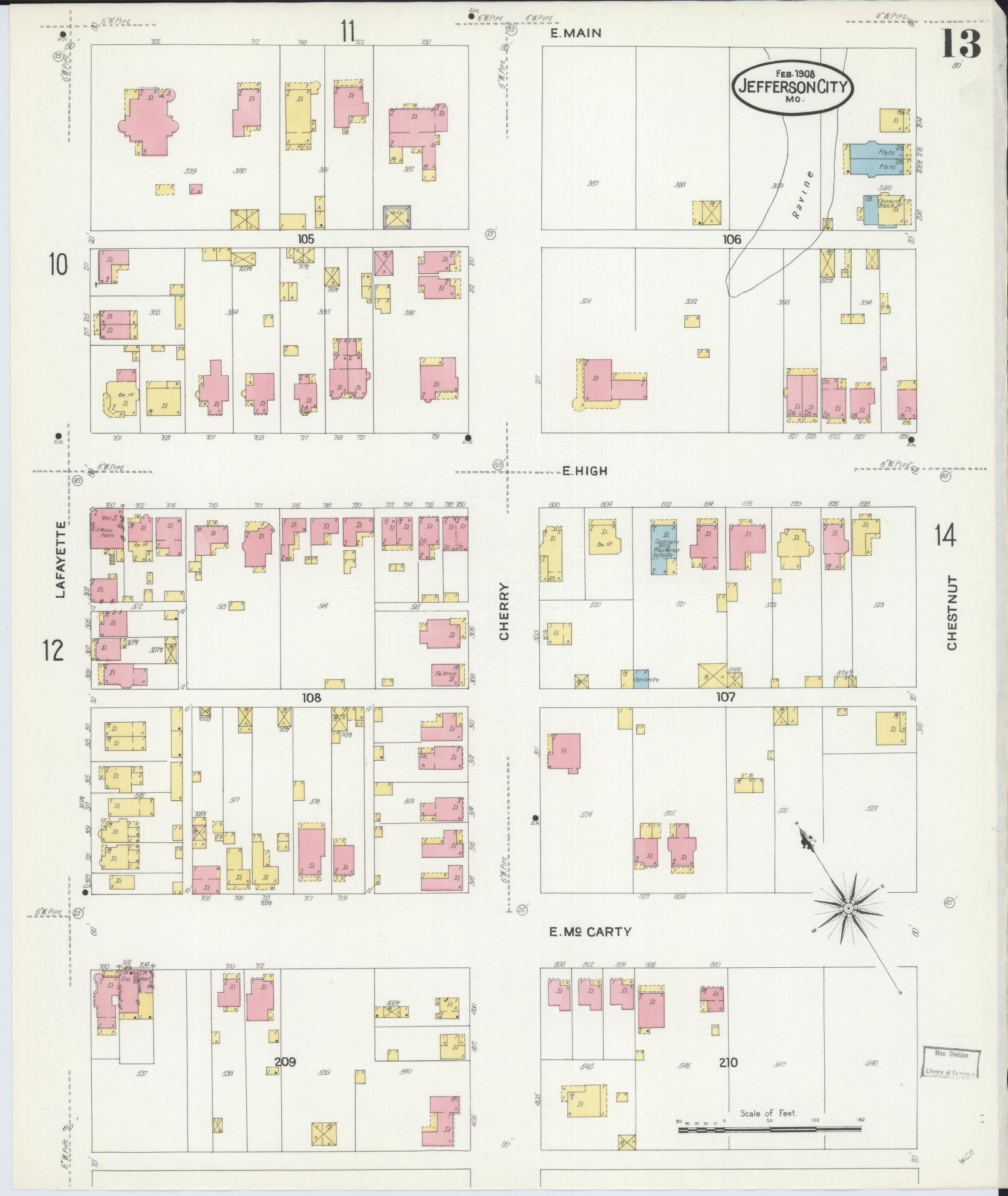 Sanborn Fire Insurance Map from Jefferson City, Cole County, Missouri (1908), Sheet #0013 - Historic Sanborn Fire Insurance Map Print, vintage old map wall art, antique decor, genealogy gift, Missouri Missouri map
