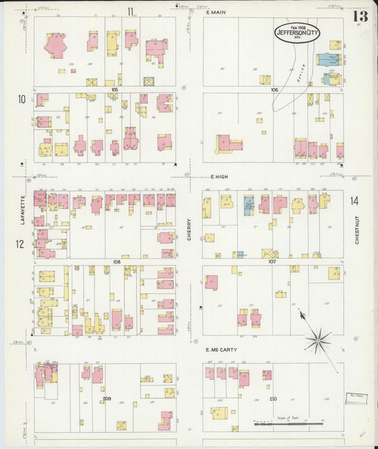 Sanborn Fire Insurance Map from Jefferson City, Cole County, Missouri (1908), Sheet #0013 - Historic Sanborn Fire Insurance Map Print, vintage old map wall art, antique decor, genealogy gift, Missouri Missouri map