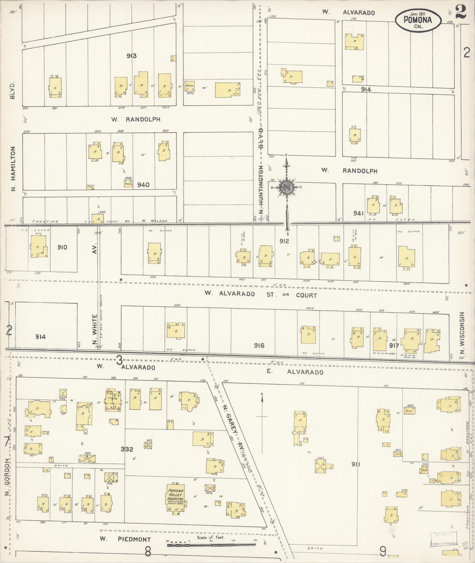 Sanborn Fire Insurance Map from Pomona, Los Angeles County, California (1911), Sheet #0002 - Complete Map Set gallery image, historic Sanborn map, vintage wall art, California California