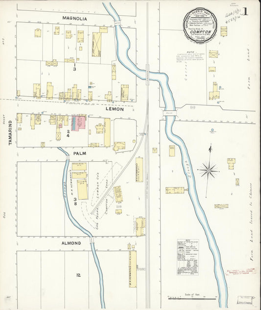 Sanborn Fire Insurance Map from Compton, Los Angeles County, California (1891), Sheet #0001 - Complete Map Set gallery image, historic Sanborn map, vintage wall art, California California