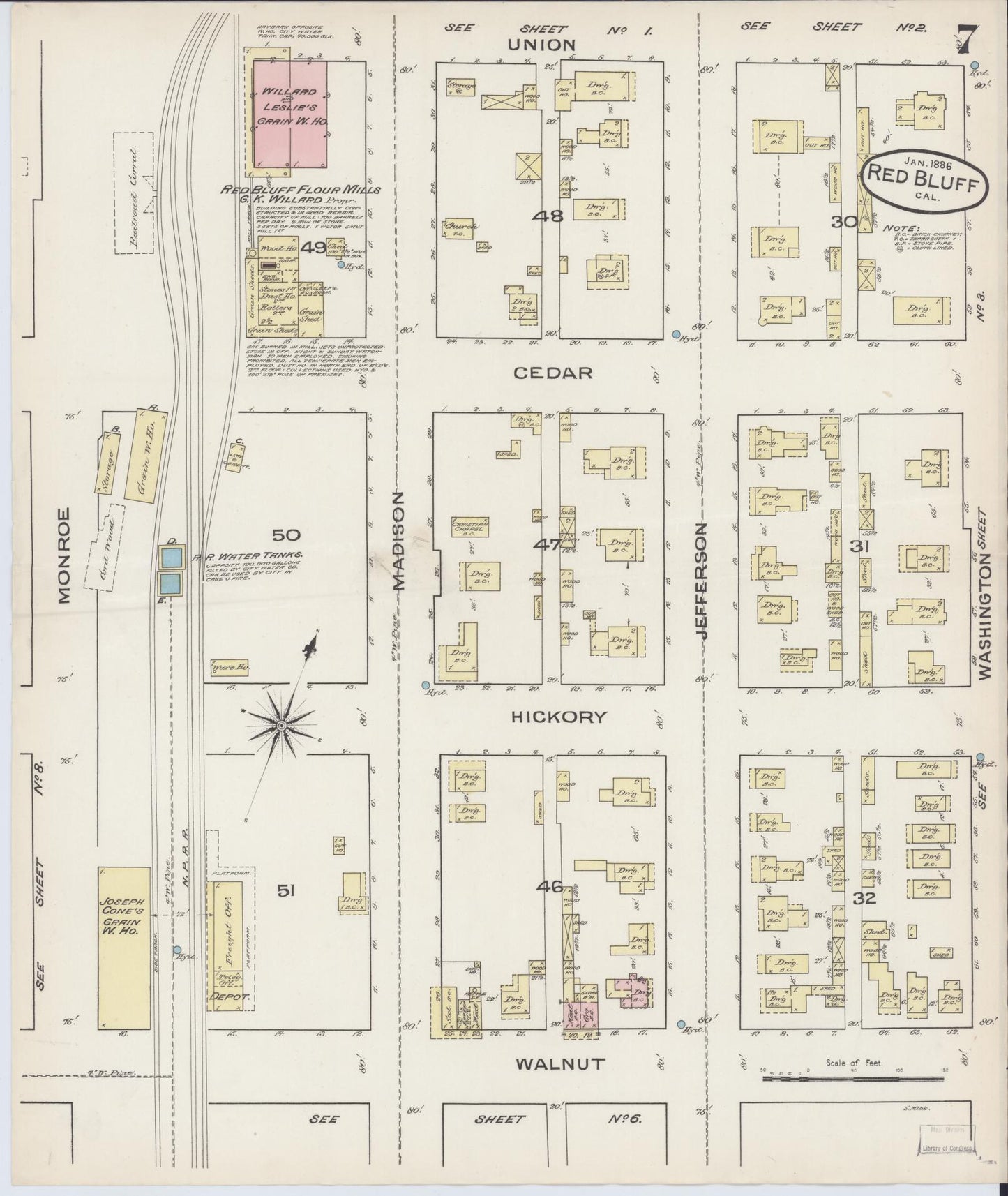 Sanborn Fire Insurance Map from Red Bluff, Tehama County, California (1886), Sheet #0007 - Complete Map Set gallery image, historic Sanborn map, vintage wall art, California California