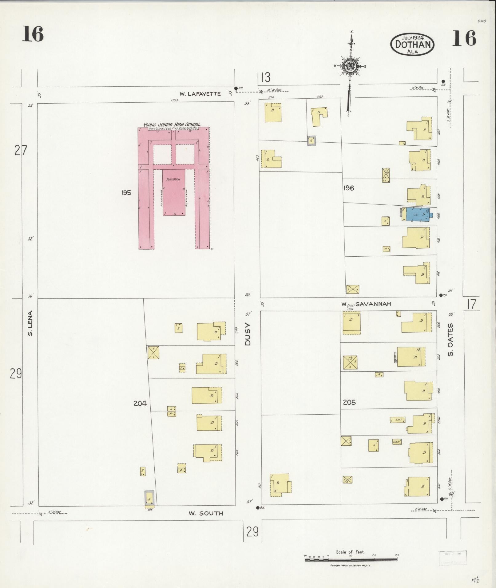 Sanborn Fire Insurance Map from Dothan, Houston County, Alabama (1924), Sheet #0016 - Historic Sanborn Fire Insurance Map Print, vintage old map wall art, antique decor, genealogy gift, Alabama Alabama map