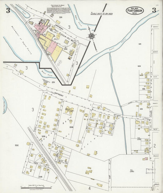 Sanborn Fire Insurance Map from Port Gibson, Claiborne County, Mississippi (1925), Sheet #0003 - Historic Sanborn Fire Insurance Map Print, vintage old map wall art, antique decor, genealogy gift, Mississippi Mississippi map