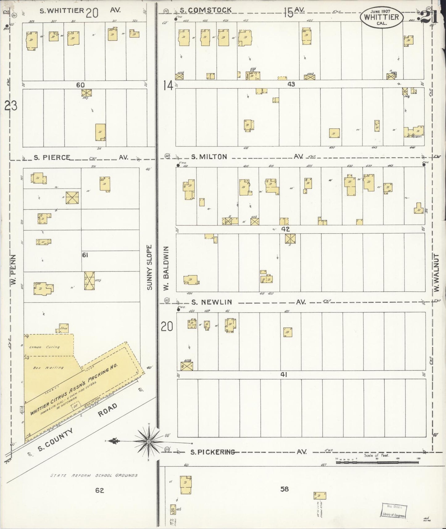 Sanborn Fire Insurance Map from Whittier, Los Angeles County, California (1907), Sheet #0021 - Complete Map Set gallery image, historic Sanborn map, vintage wall art, California California