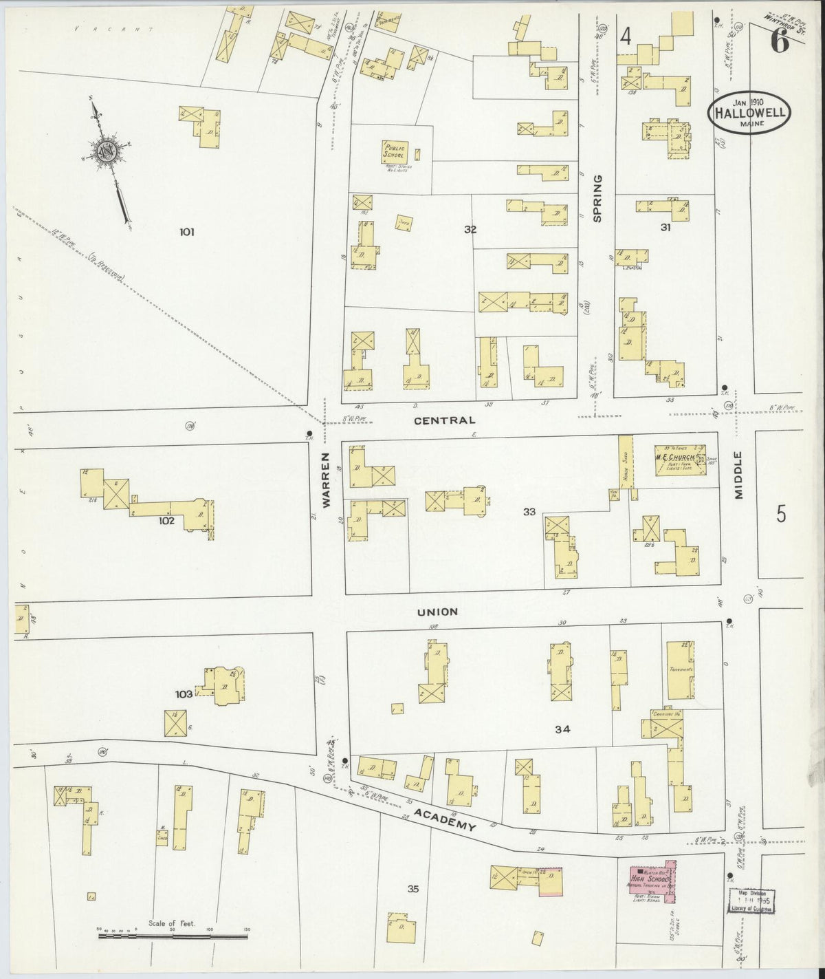 Sanborn Fire Insurance Map from Hallowell, Kennebec County, Maine (1910), Sheet #0006 - Complete Map Set gallery image, historic Sanborn map, vintage wall art, Maine Maine