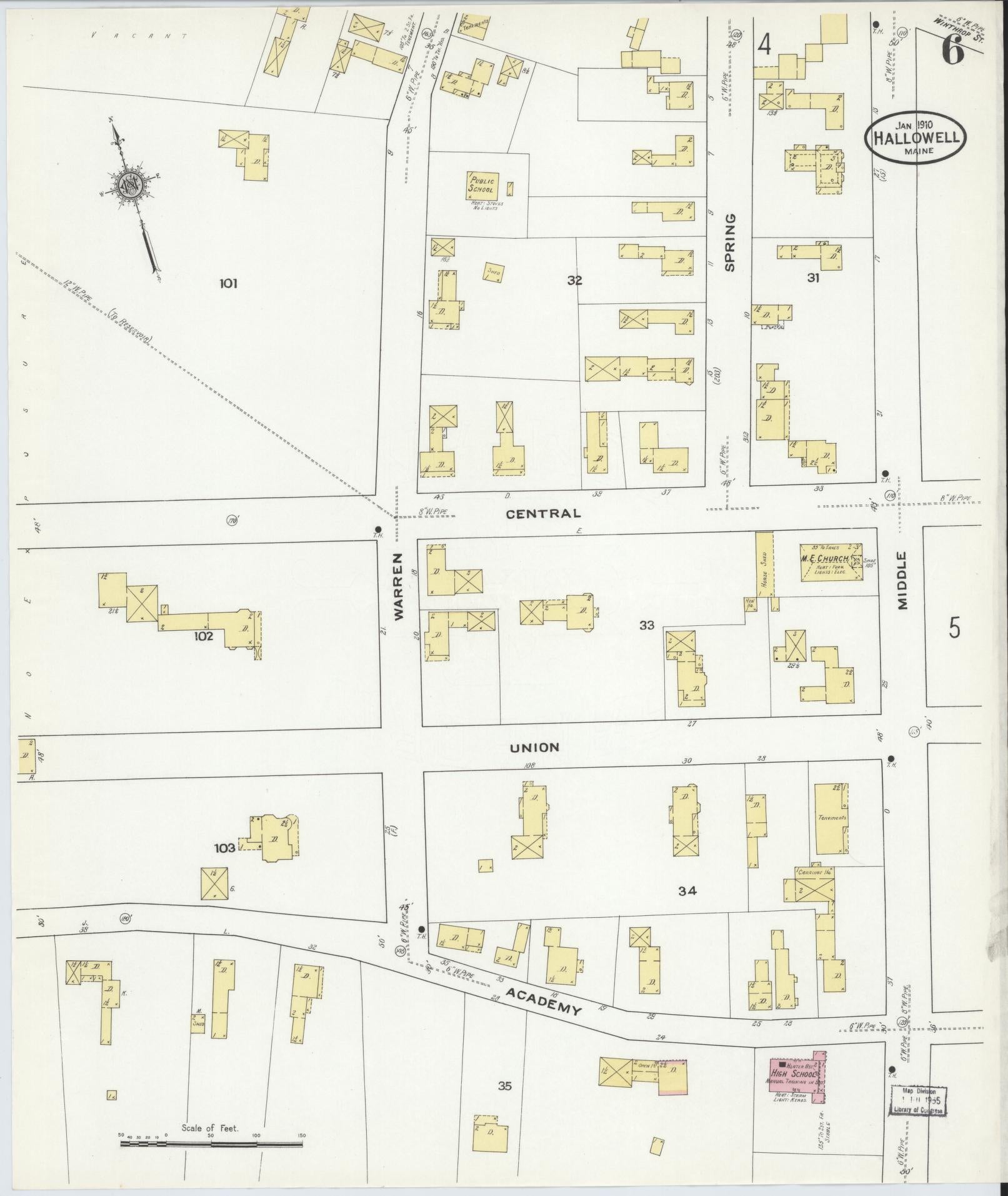 Sanborn Fire Insurance Map from Hallowell, Kennebec County, Maine (1910), Sheet #0006 - Complete Map Set gallery image, historic Sanborn map, vintage wall art, Maine Maine
