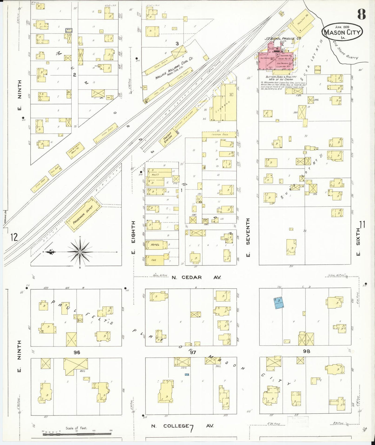 Sanborn Fire Insurance Map from Mason City, Cerro Gordo County, Iowa (1909), Sheet #0008 - Historic Sanborn Fire Insurance Map Print, vintage old map wall art