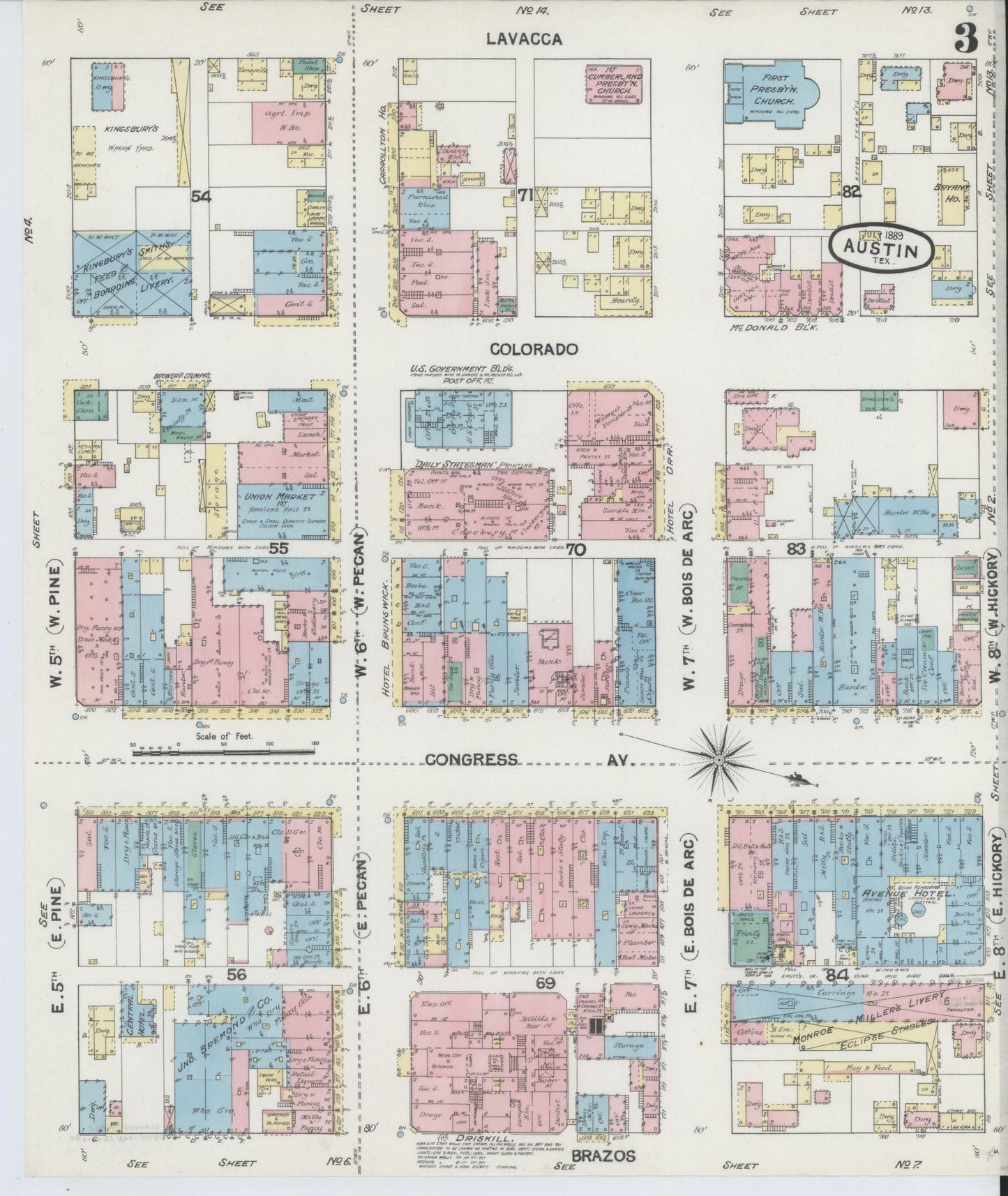 Sanborn Fire Insurance Map from Austin, Travis County, Texas (1889), Sheet #0003 - Historic Sanborn Fire Insurance Map Print, vintage old map wall art, antique decor, genealogy gift, Texas Texas map
