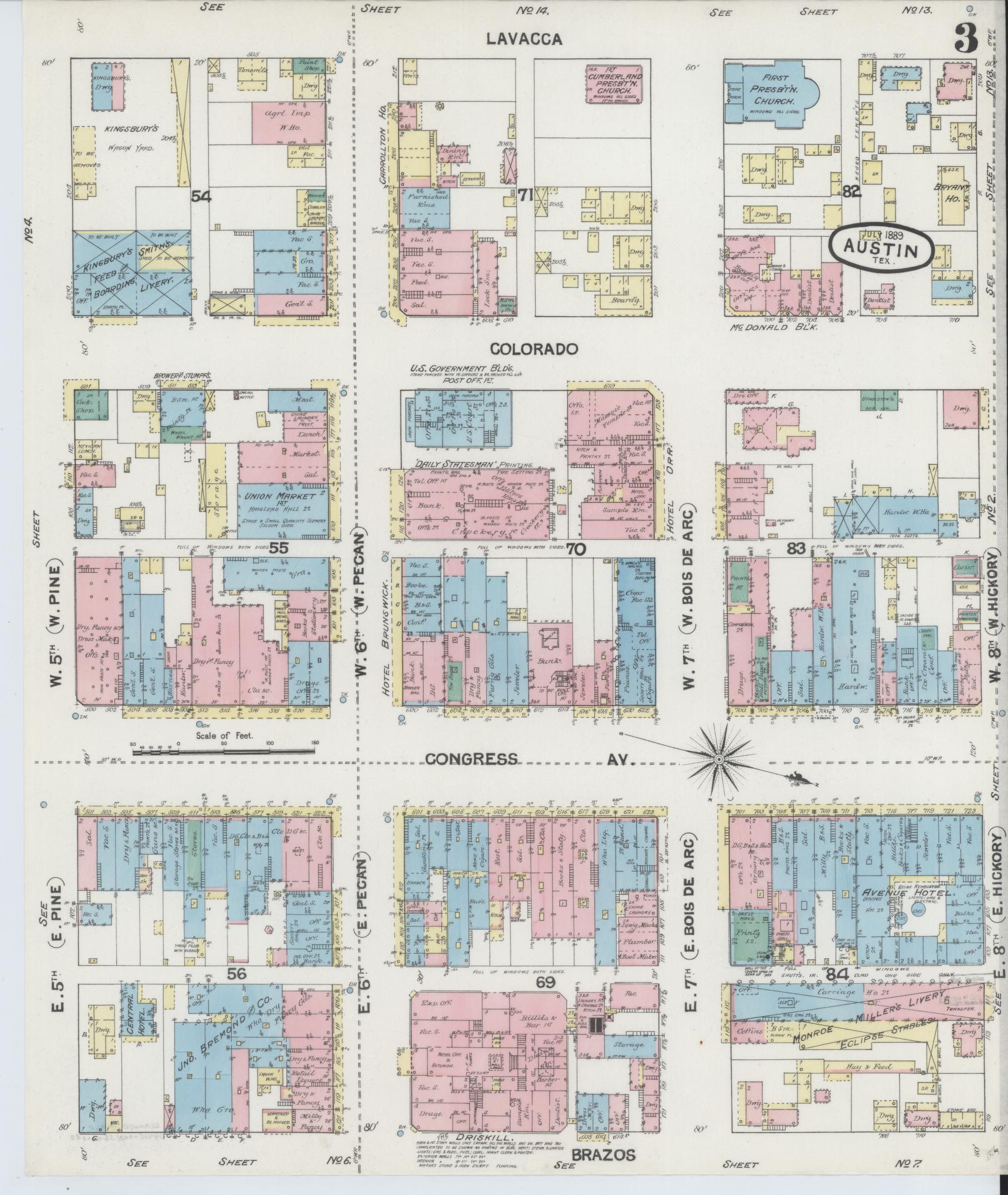 Sanborn Fire Insurance Map from Austin, Travis County, Texas (1889), Sheet #0003 - Historic Sanborn Fire Insurance Map Print, vintage old map wall art, antique decor, genealogy gift, Texas Texas map