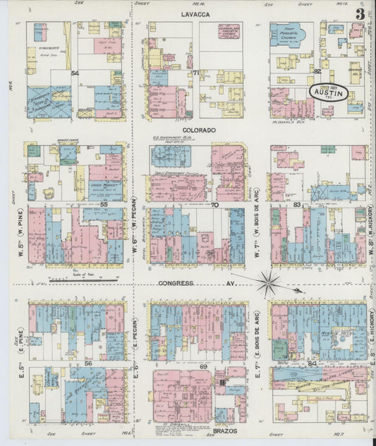 Sanborn Fire Insurance Map from Austin, Travis County, Texas (1889), Sheet #0003 - Historic Sanborn Fire Insurance Map Print, vintage old map wall art, antique decor, genealogy gift, Texas Texas map