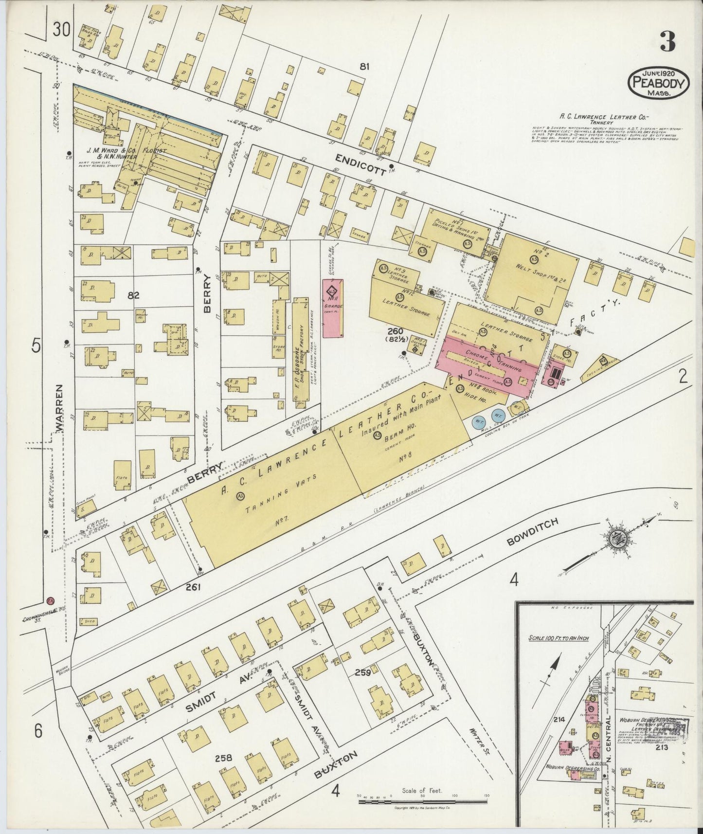 Sanborn Fire Insurance Map from Peabody, Essex County, Massachusetts (1920), Sheet #0003 - Historic Sanborn Fire Insurance Map Print, vintage old map wall art, antique decor, genealogy gift, Massachusetts Massachusetts map