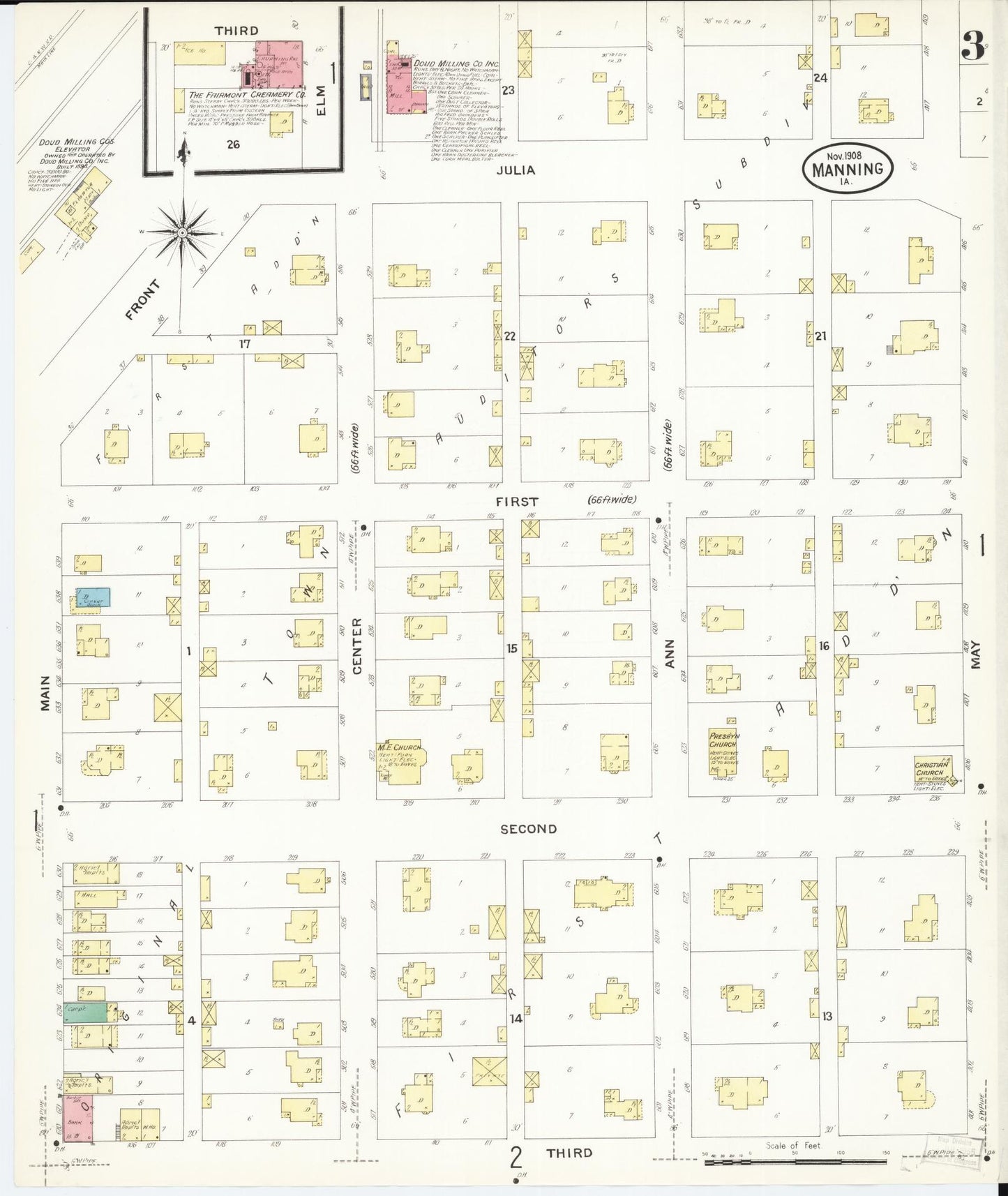 Sanborn Fire Insurance Map from Manning, Carroll County, Iowa (1908), Sheet #0003 - Historic Sanborn Fire Insurance Map Print, vintage old map wall art