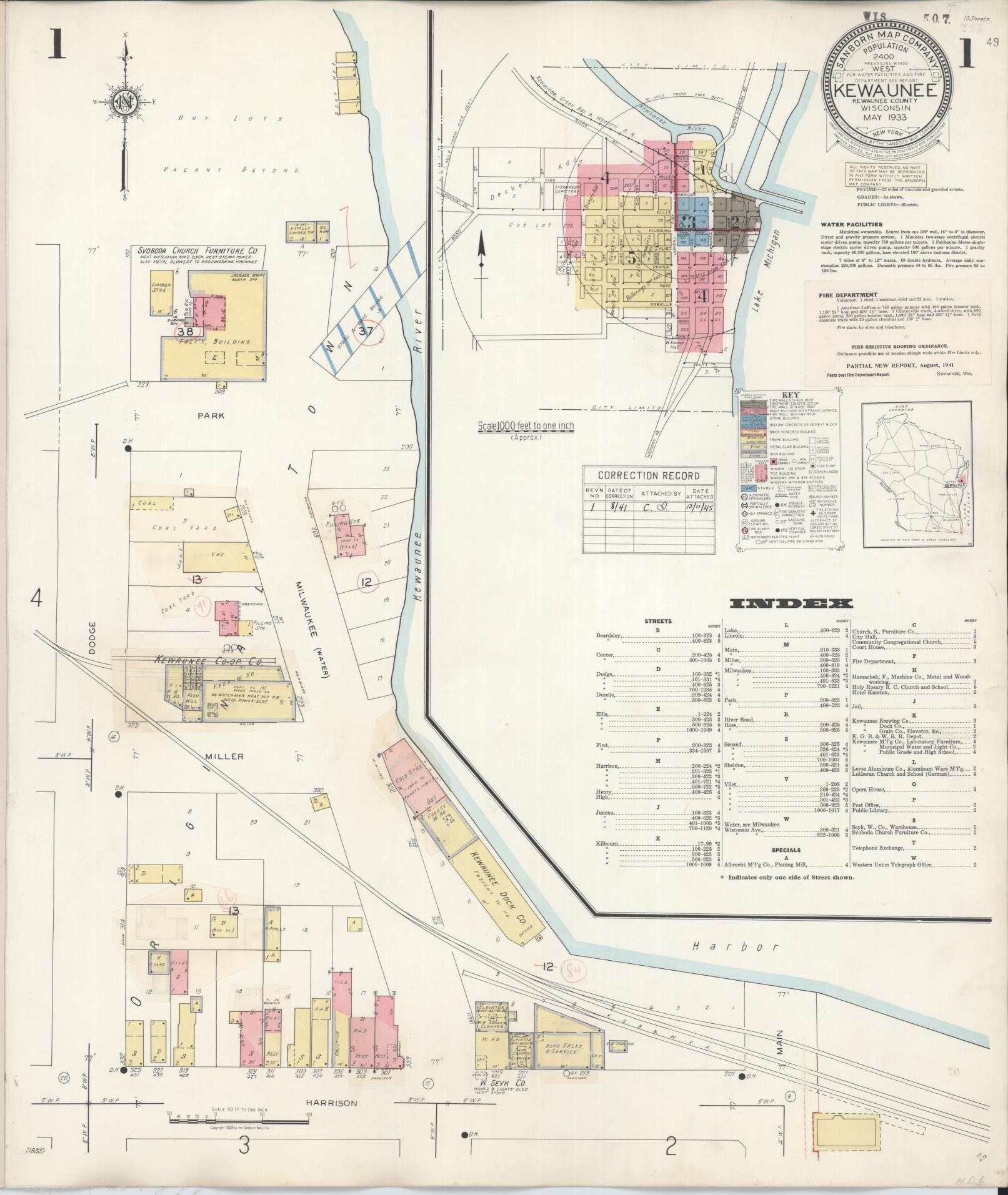 Sanborn Fire Insurance Map from Kewaunee, Kewaunee County, Wisconsin (1941), Sheet #0001 - Complete Map Set gallery image, historic Sanborn map, vintage wall art, Wisconsin Wisconsin